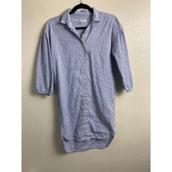 Copenhagen Delights Linen Modal Blue White Striped Button Up Shirt Dress size XS - Picture 13 of 15